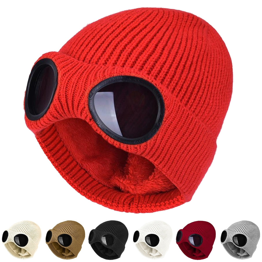 Knitted Hat Glasses Decor Stretchy Soft Plush Lining Casual Ears Protection Solid Color Autumn Winter Women Men Skull Image 1