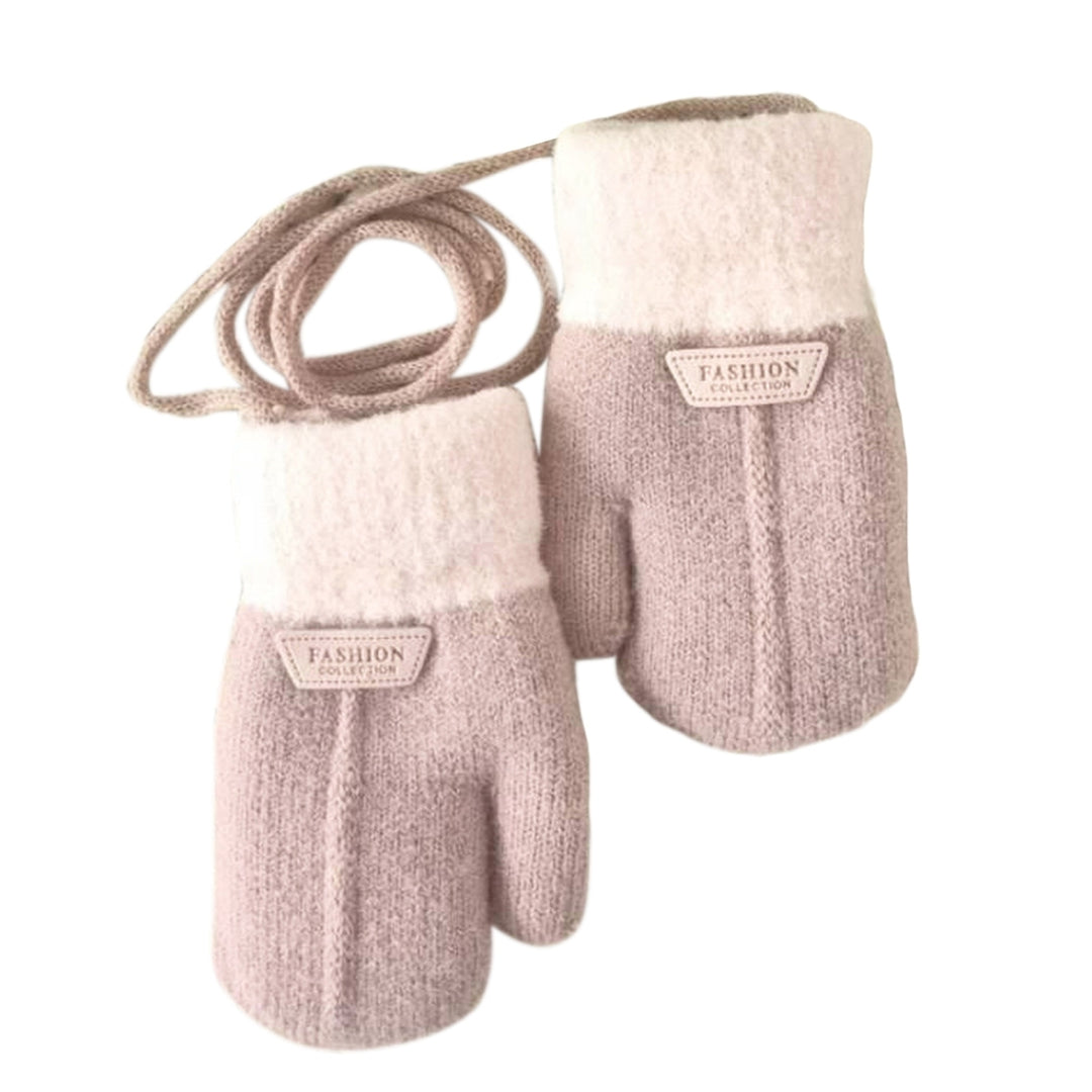 1 Pair Hanging Rope Halter Thickened Fleece Lining Winter Gloves Letter Logo Solid Color Baby Knitting Mittens Image 4