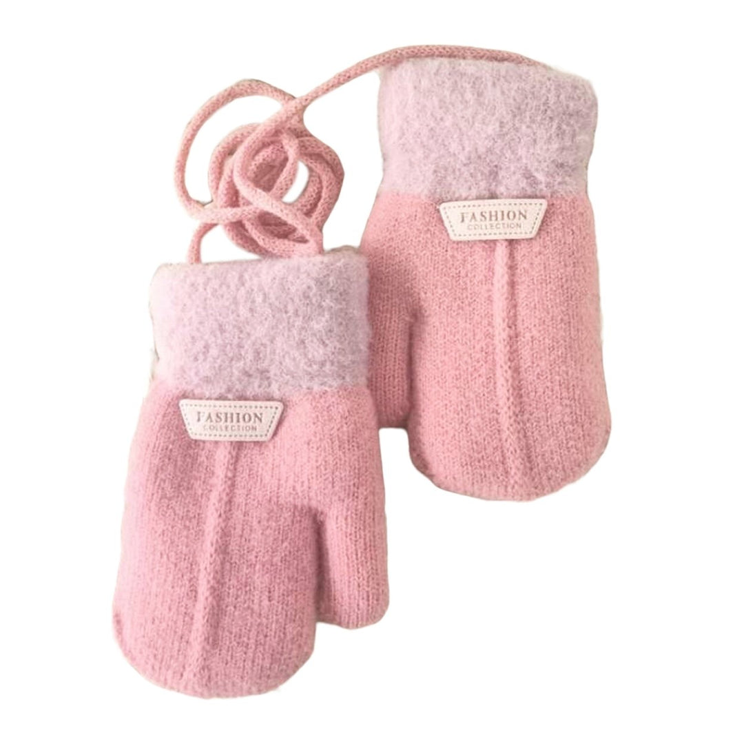 1 Pair Hanging Rope Halter Thickened Fleece Lining Winter Gloves Letter Logo Solid Color Baby Knitting Mittens Image 1