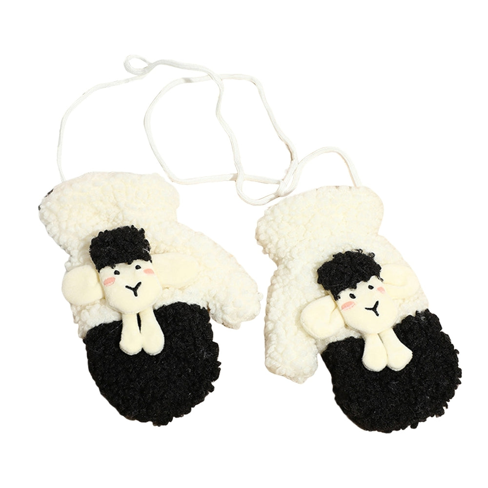 1 Pair Women Winter Gloves Furry Plush Cartoon Sheep Decor Contrast Color Thicken Keep Warm Washable Hanging Neck Image 2