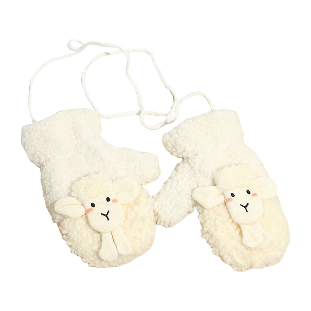 1 Pair Women Winter Gloves Furry Plush Cartoon Sheep Decor Contrast Color Thicken Keep Warm Washable Hanging Neck Image 3