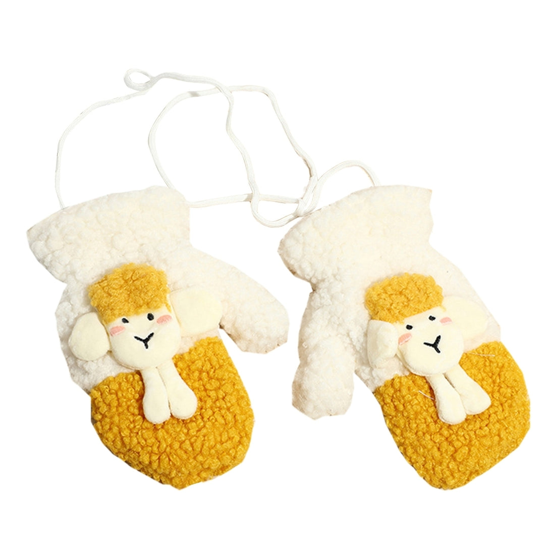 1 Pair Women Winter Gloves Furry Plush Cartoon Sheep Decor Contrast Color Thicken Keep Warm Washable Hanging Neck Image 4