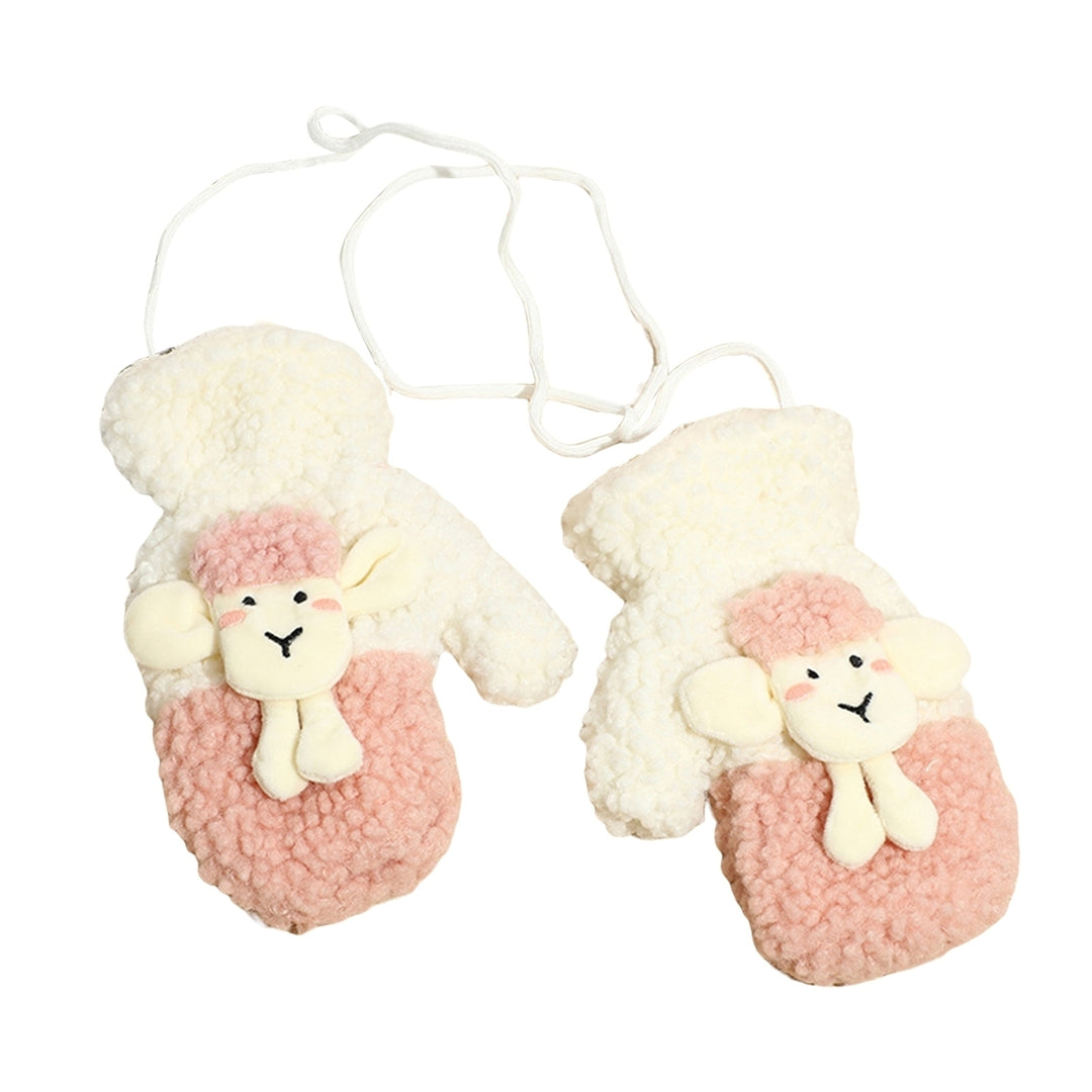 1 Pair Women Winter Gloves Furry Plush Cartoon Sheep Decor Contrast Color Thicken Keep Warm Washable Hanging Neck Image 6