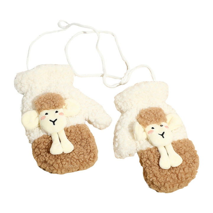 1 Pair Women Winter Gloves Furry Plush Cartoon Sheep Decor Contrast Color Thicken Keep Warm Washable Hanging Neck Image 7