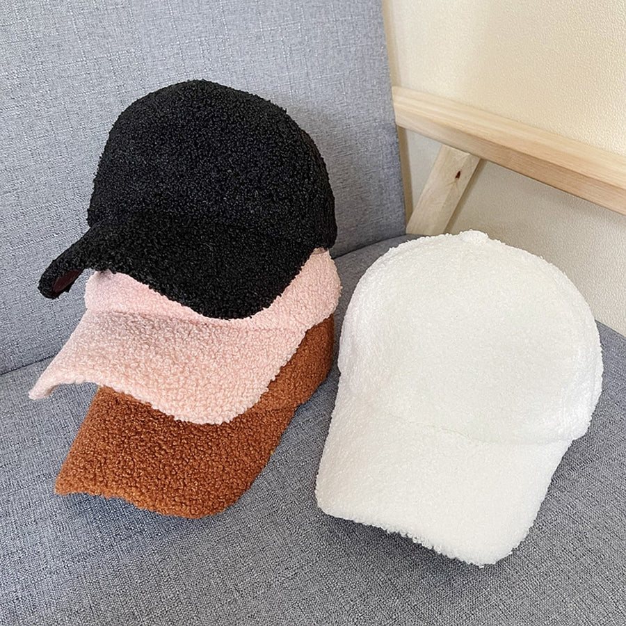 Unisex Baseball Hat Adjustable Thicken Solid Color Curved Brim Artificial Lamb Wool Windproof Sun Protection Cap for Image 1