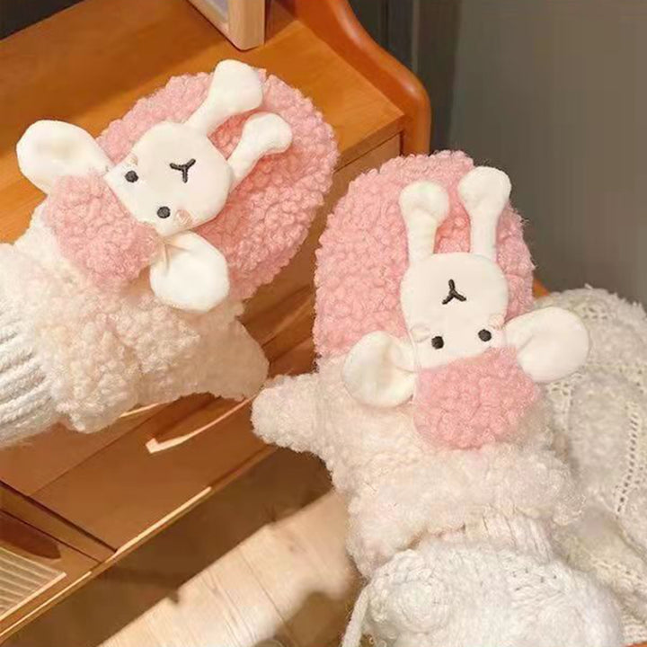 1 Pair Women Winter Gloves Furry Plush Cartoon Sheep Decor Contrast Color Thicken Keep Warm Washable Hanging Neck Image 8