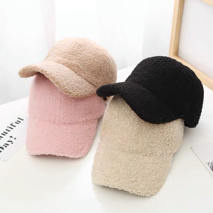 Unisex Baseball Hat Adjustable Thicken Solid Color Curved Brim Artificial Lamb Wool Windproof Sun Protection Cap for Image 9