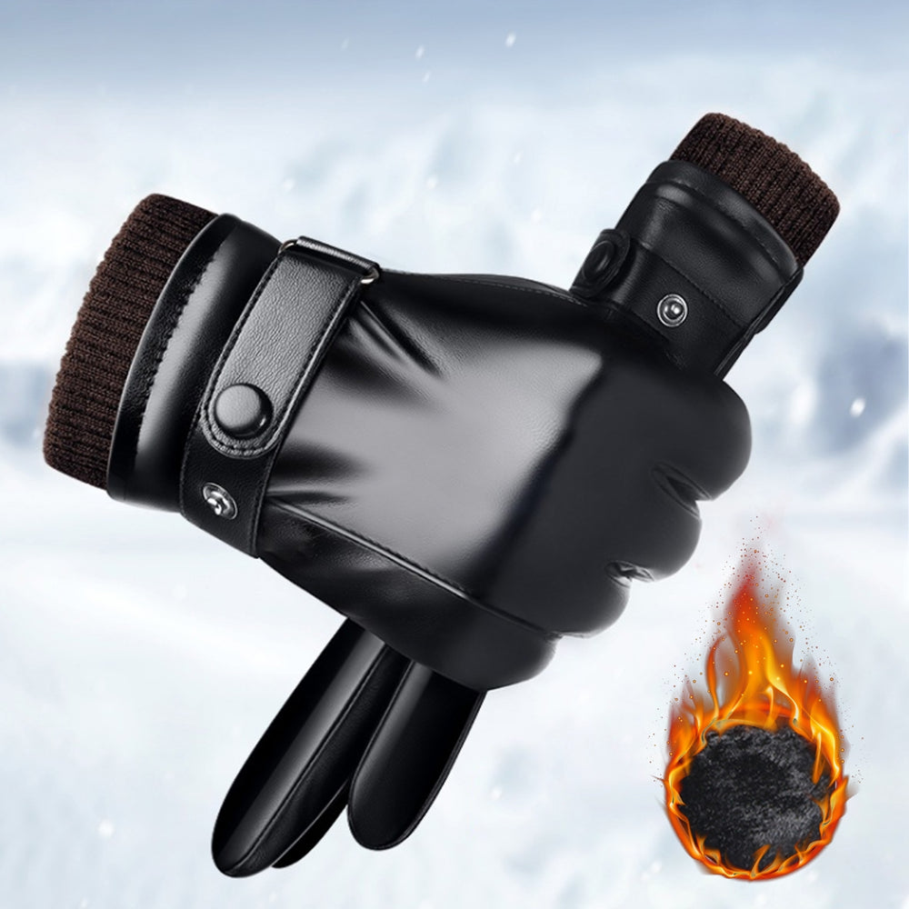 1 Pair Fleece Lining Ribbed Cuffs Adjustable Buttons Full Finger Men Gloves Winter Windproof Touch Screen Faux Leather Image 2