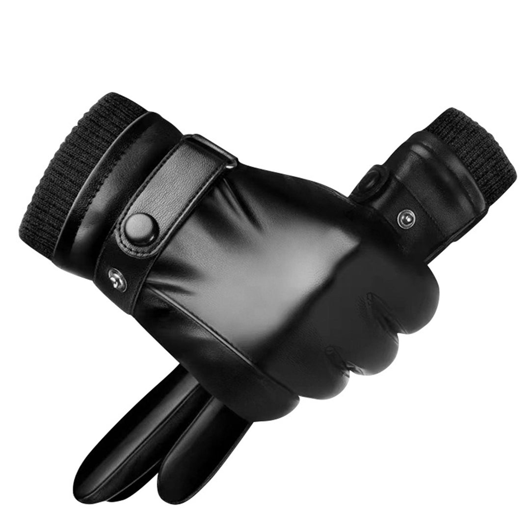 1 Pair Fleece Lining Ribbed Cuffs Adjustable Buttons Full Finger Men Gloves Winter Windproof Touch Screen Faux Leather Image 4