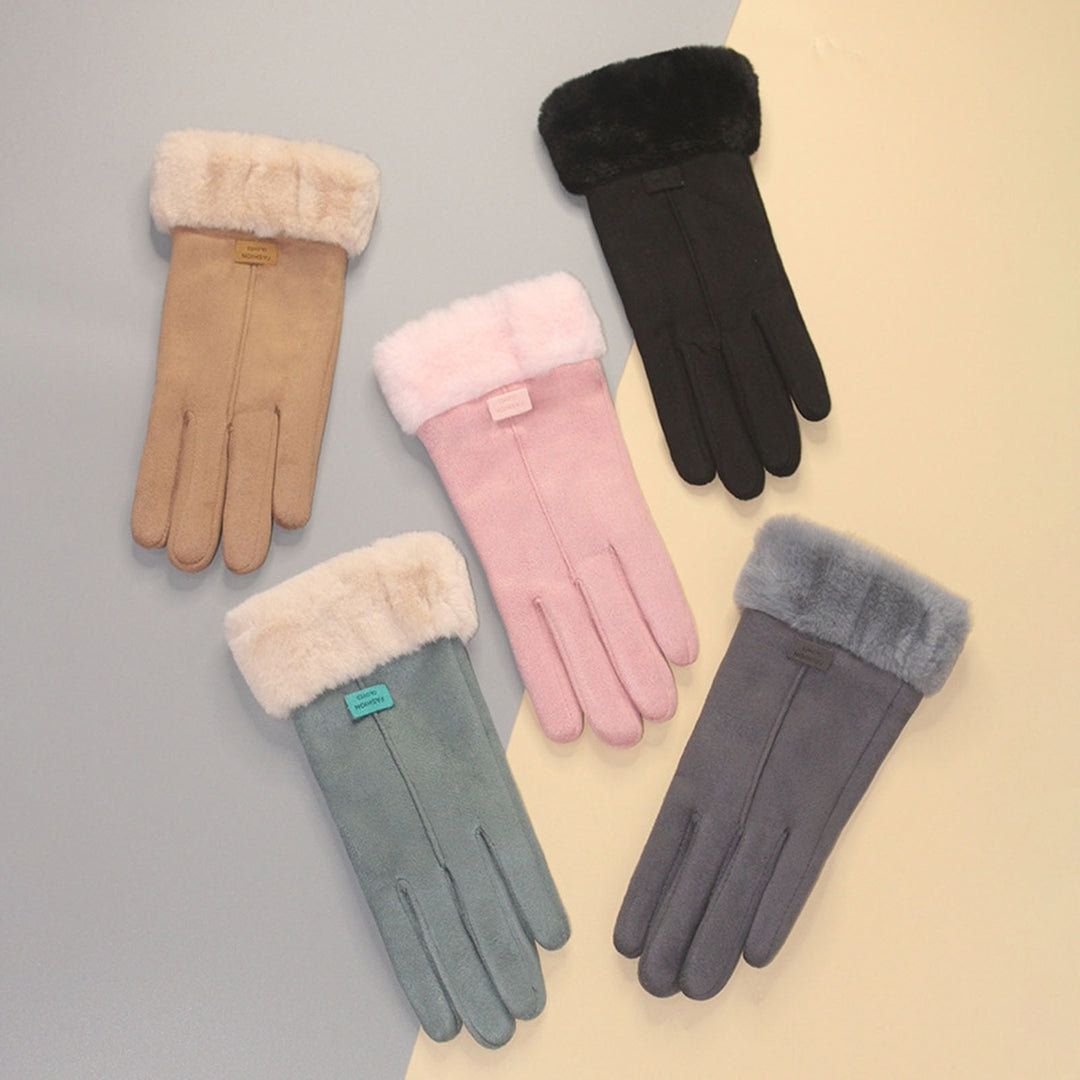 1 Pair Letter Logo Anti-slip Windproof Solid Color Suede Gloves Women Winter Fluffy Cuffs Touch Screen Driving Gloves Image 1