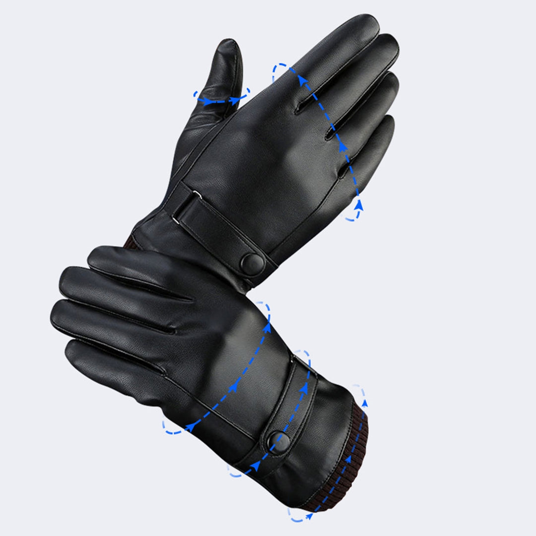 1 Pair Fleece Lining Ribbed Cuffs Adjustable Buttons Full Finger Men Gloves Winter Windproof Touch Screen Faux Leather Image 9