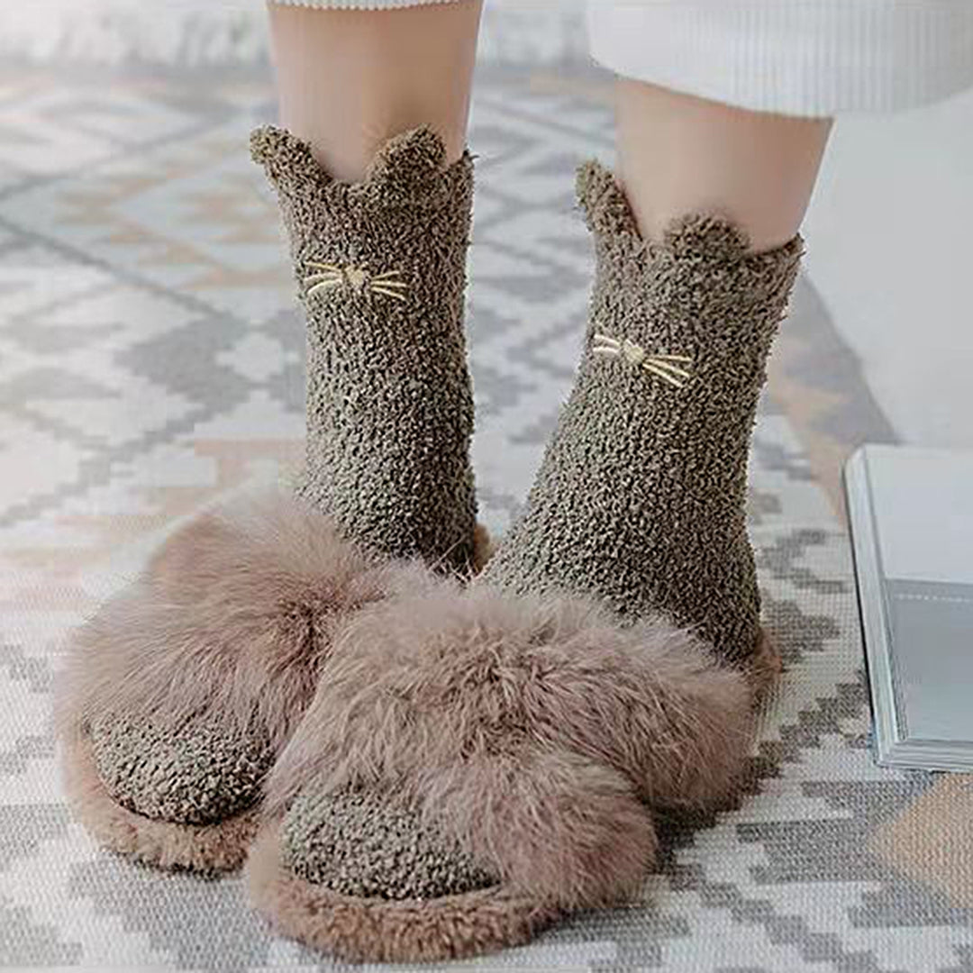 1 Pair Women Thermal Floor Socks Cute Pattern Elastic Thicken Coral Fleece Mid Socks Girls Indoor Floor Stockings for Image 8