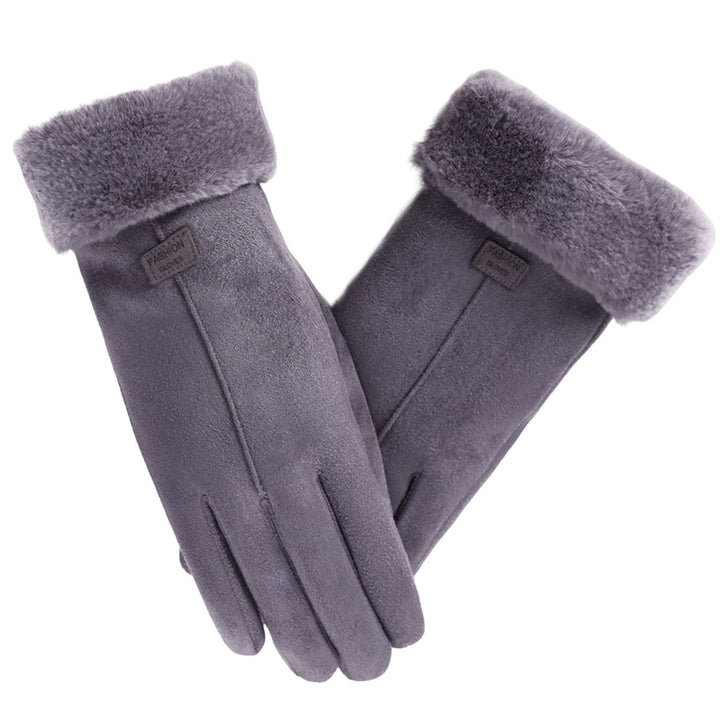 1 Pair Letter Logo Anti-slip Windproof Solid Color Suede Gloves Women Winter Fluffy Cuffs Touch Screen Driving Gloves Image 1