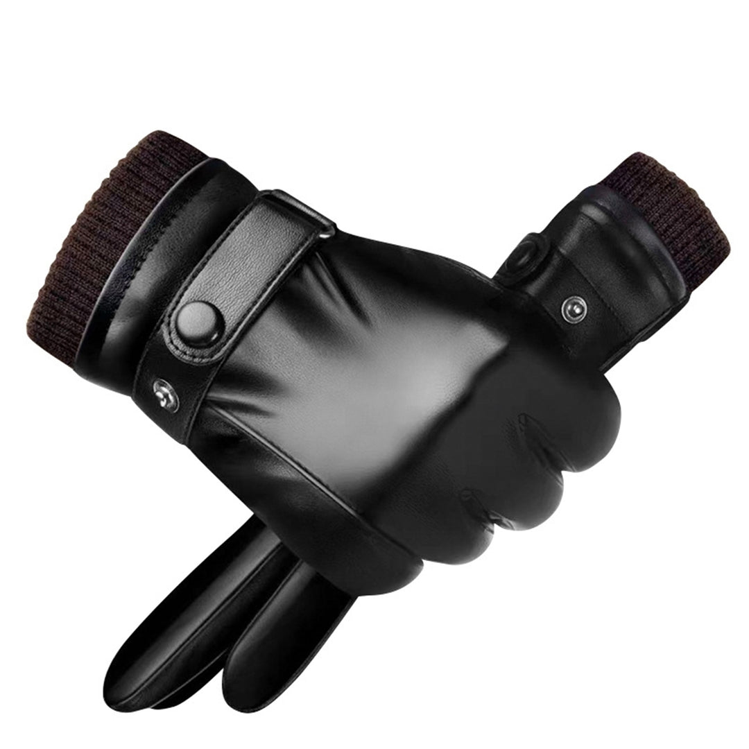 1 Pair Fleece Lining Ribbed Cuffs Adjustable Buttons Full Finger Men Gloves Winter Windproof Touch Screen Faux Leather Image 10