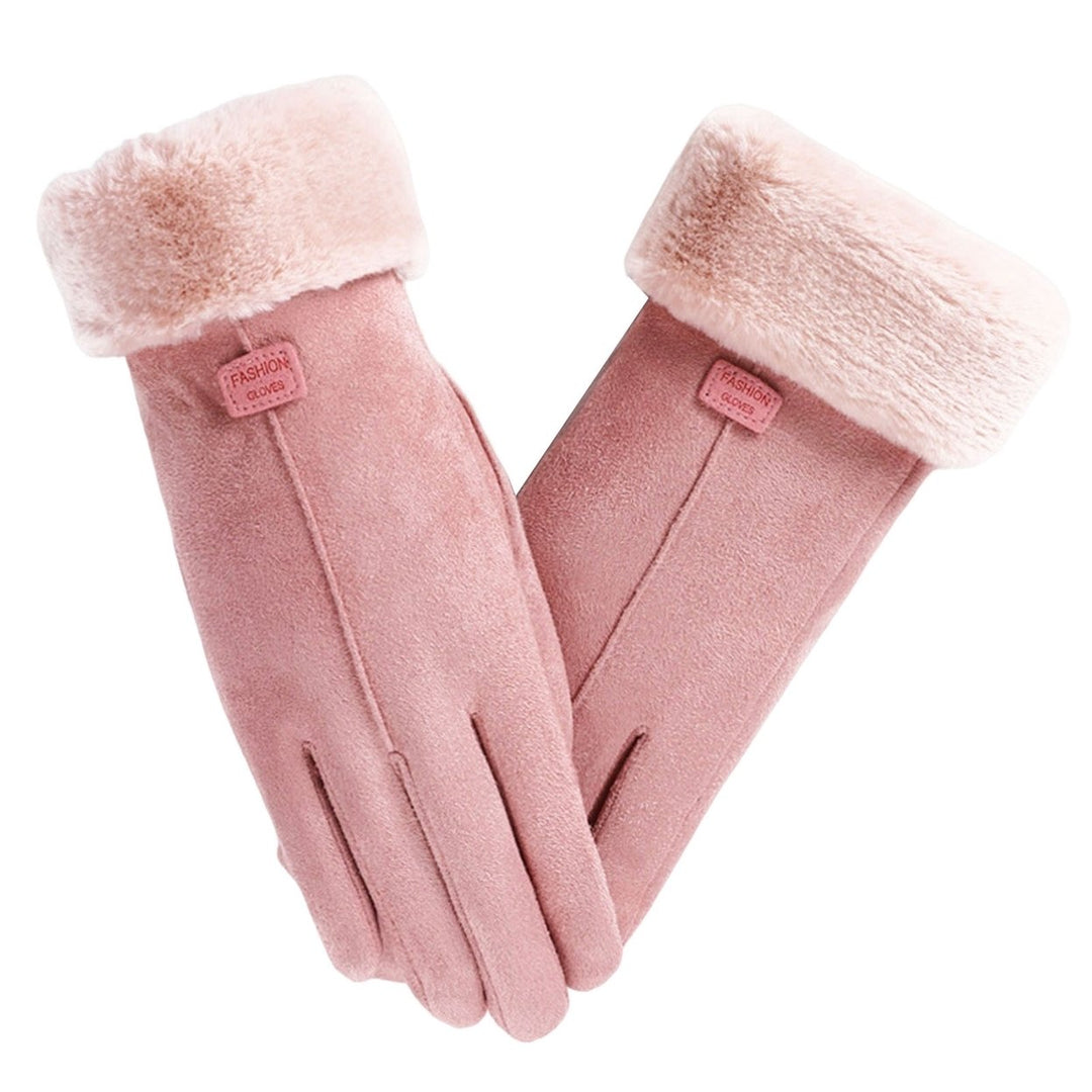 1 Pair Letter Logo Anti-slip Windproof Solid Color Suede Gloves Women Winter Fluffy Cuffs Touch Screen Driving Gloves Image 1