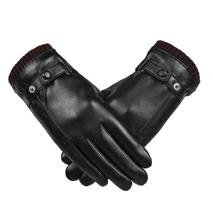 1 Pair Fleece Lining Ribbed Cuffs Adjustable Buttons Full Finger Men Gloves Winter Windproof Touch Screen Faux Leather Image 11