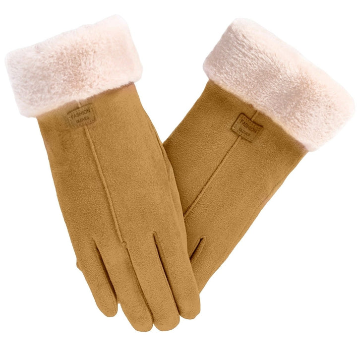 1 Pair Letter Logo Anti-slip Windproof Solid Color Suede Gloves Women Winter Fluffy Cuffs Touch Screen Driving Gloves Image 1