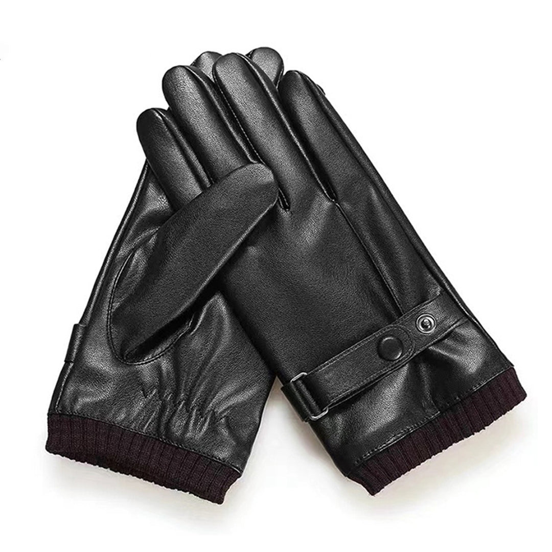 1 Pair Fleece Lining Ribbed Cuffs Adjustable Buttons Full Finger Men Gloves Winter Windproof Touch Screen Faux Leather Image 12