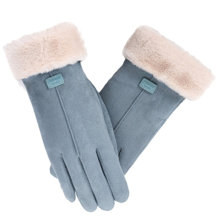 1 Pair Letter Logo Anti-slip Windproof Solid Color Suede Gloves Women Winter Fluffy Cuffs Touch Screen Driving Gloves Image 1