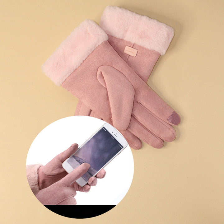 1 Pair Letter Logo Anti-slip Windproof Solid Color Suede Gloves Women Winter Fluffy Cuffs Touch Screen Driving Gloves Image 11