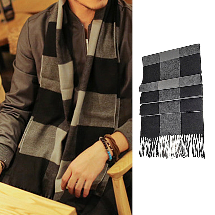 Winter Scarf Windproof Breathable Soft Contrast Color Tassel Keep Warm Patchwork English Stylish Washable Men Muffler Image 8