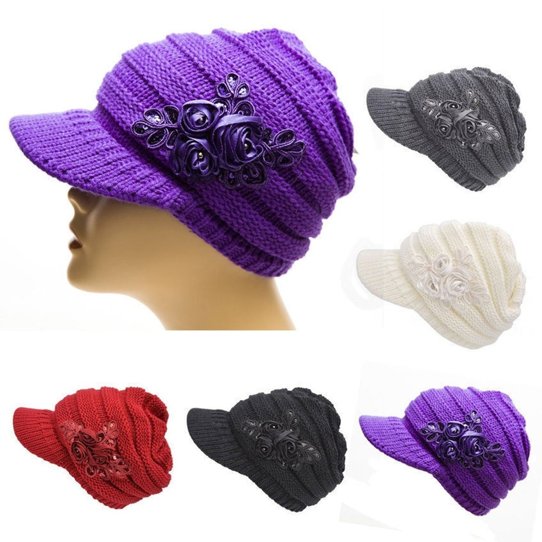 Wide Brim Earflap Solid Color Knitted Cap Women Winter Sequins Flower Decor Beret Hat Image 1