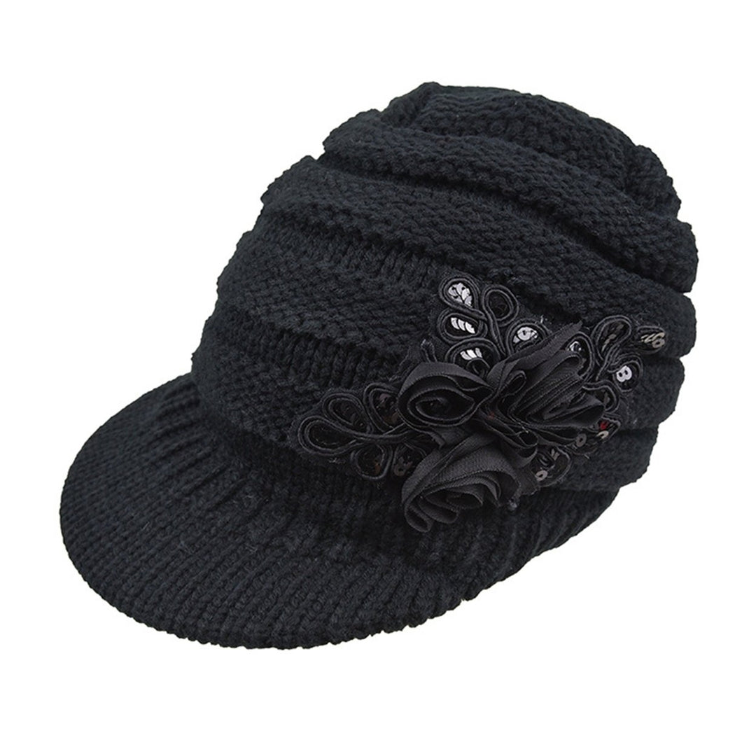 Wide Brim Earflap Solid Color Knitted Cap Women Winter Sequins Flower Decor Beret Hat Image 2