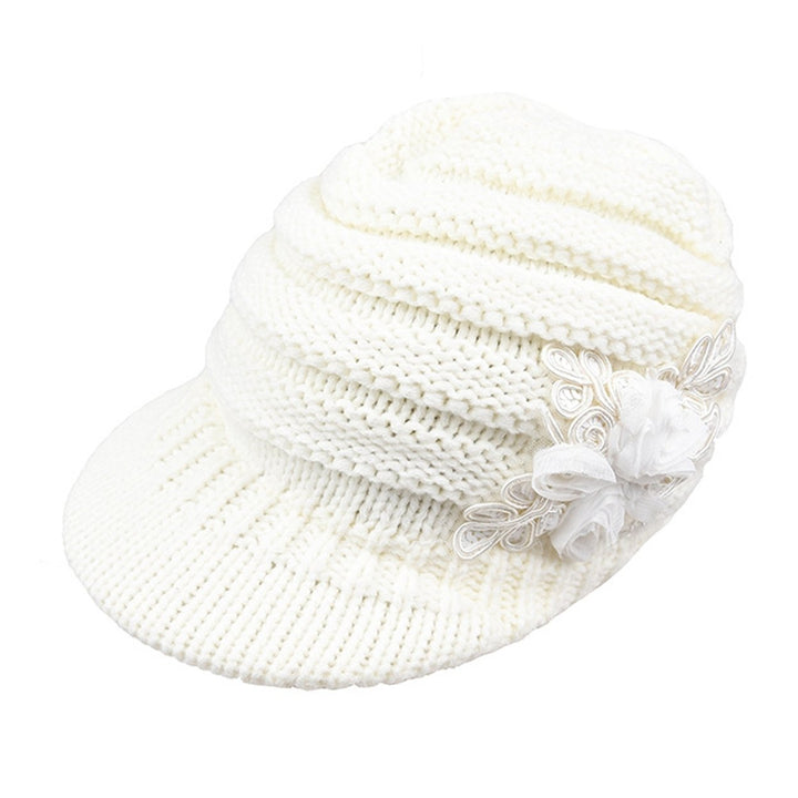 Wide Brim Earflap Solid Color Knitted Cap Women Winter Sequins Flower Decor Beret Hat Image 3