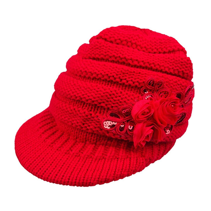 Wide Brim Earflap Solid Color Knitted Cap Women Winter Sequins Flower Decor Beret Hat Image 4