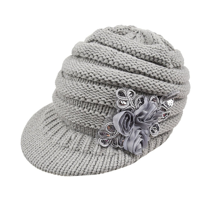 Wide Brim Earflap Solid Color Knitted Cap Women Winter Sequins Flower Decor Beret Hat Image 4