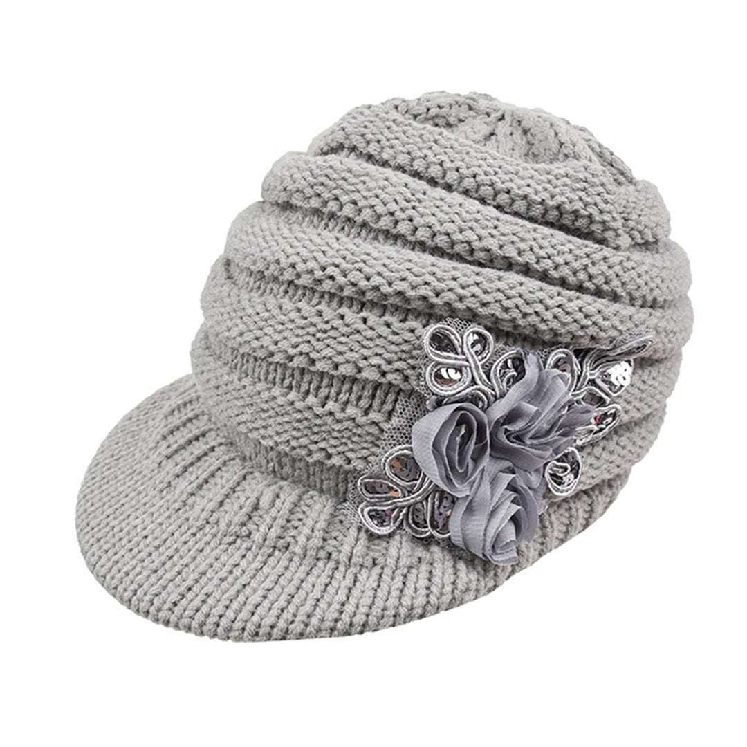 Wide Brim Earflap Solid Color Knitted Cap Women Winter Sequins Flower Decor Beret Hat Image 1