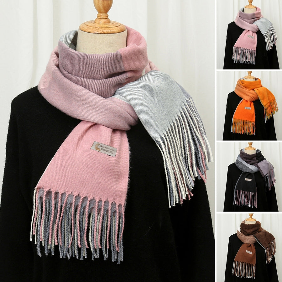 Women Shawl Color Block Tassels Fine Touch Fringe Imitation Cashmere Windproof Long Thermal Scarf Wrap for Spring Autumn Image 1