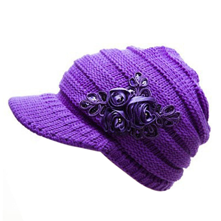 Wide Brim Earflap Solid Color Knitted Cap Women Winter Sequins Flower Decor Beret Hat Image 6