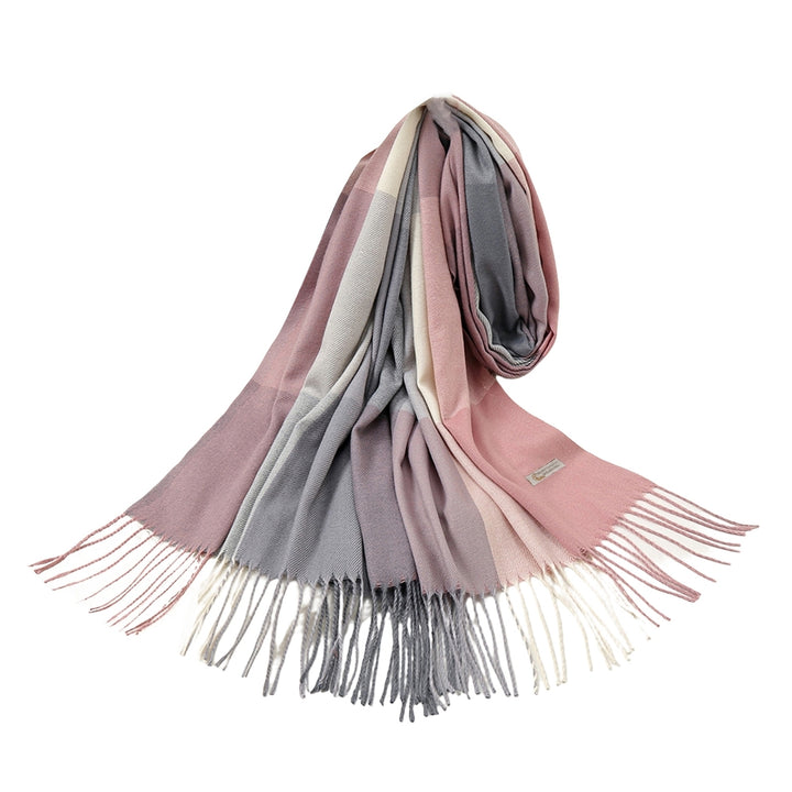 Women Shawl Color Block Tassels Fine Touch Fringe Imitation Cashmere Windproof Long Thermal Scarf Wrap for Spring Autumn Image 2