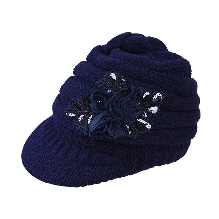 Wide Brim Earflap Solid Color Knitted Cap Women Winter Sequins Flower Decor Beret Hat Image 7