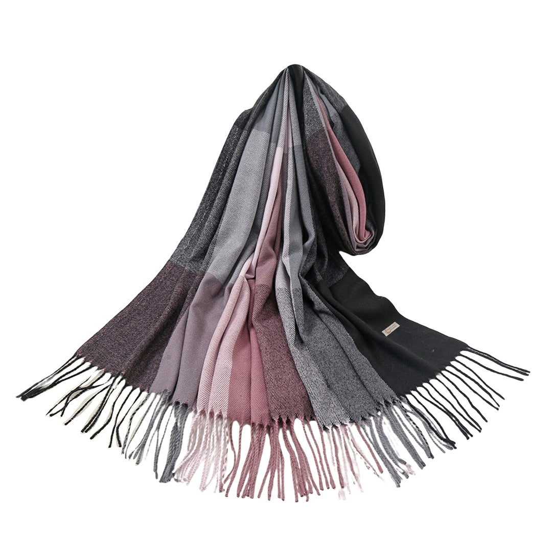 Women Shawl Color Block Tassels Fine Touch Fringe Imitation Cashmere Windproof Long Thermal Scarf Wrap for Spring Autumn Image 3