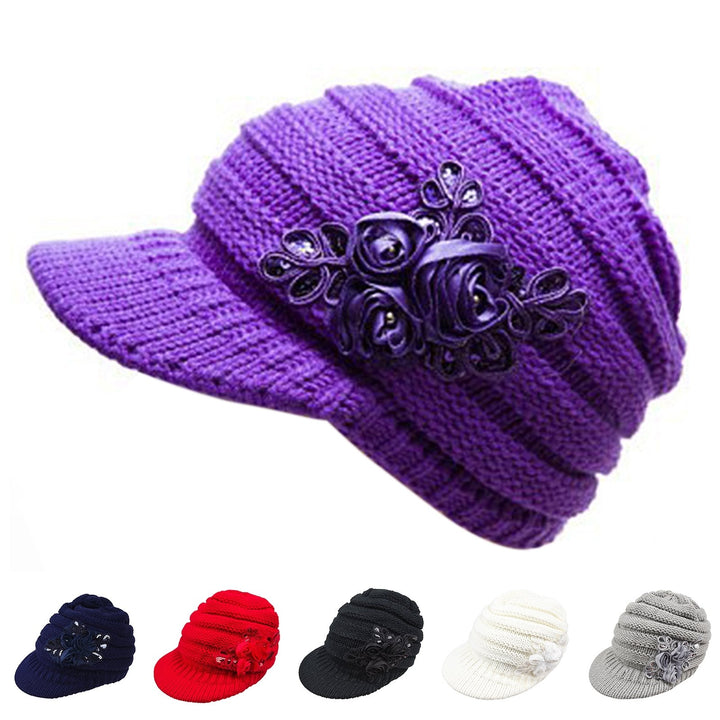 Wide Brim Earflap Solid Color Knitted Cap Women Winter Sequins Flower Decor Beret Hat Image 8