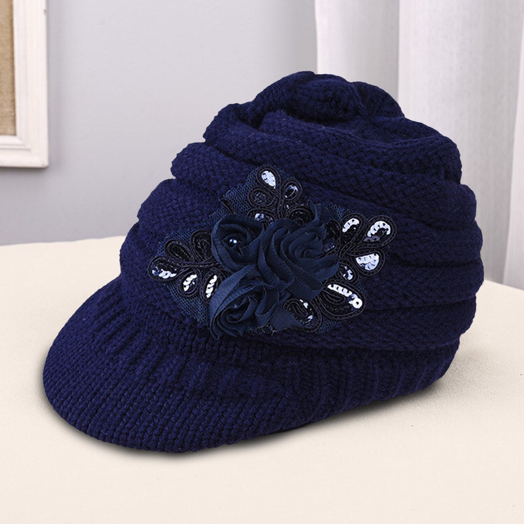 Wide Brim Earflap Solid Color Knitted Cap Women Winter Sequins Flower Decor Beret Hat Image 9