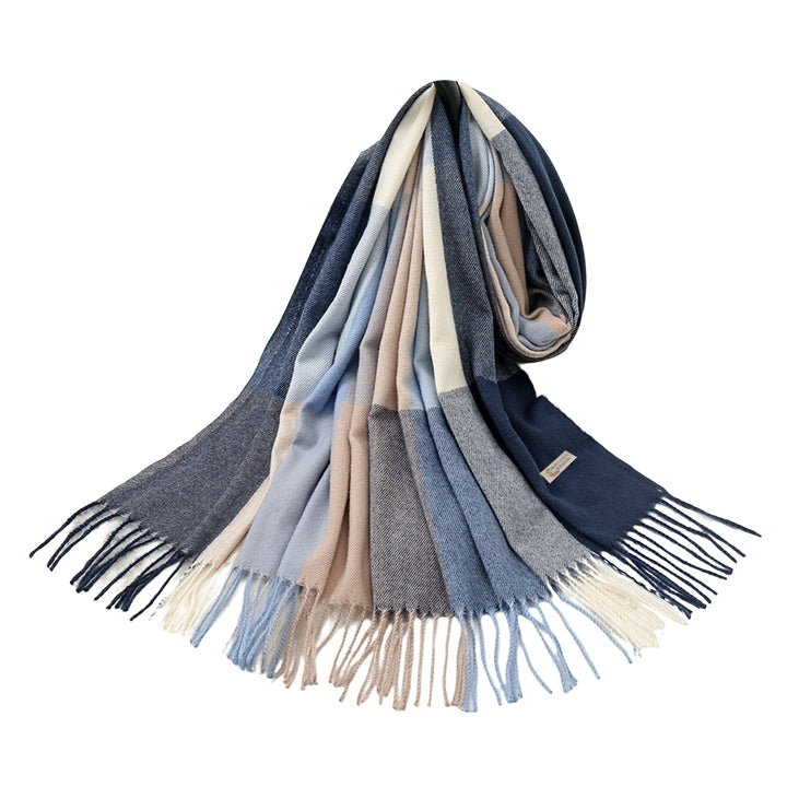 Women Shawl Color Block Tassels Fine Touch Fringe Imitation Cashmere Windproof Long Thermal Scarf Wrap for Spring Autumn Image 4