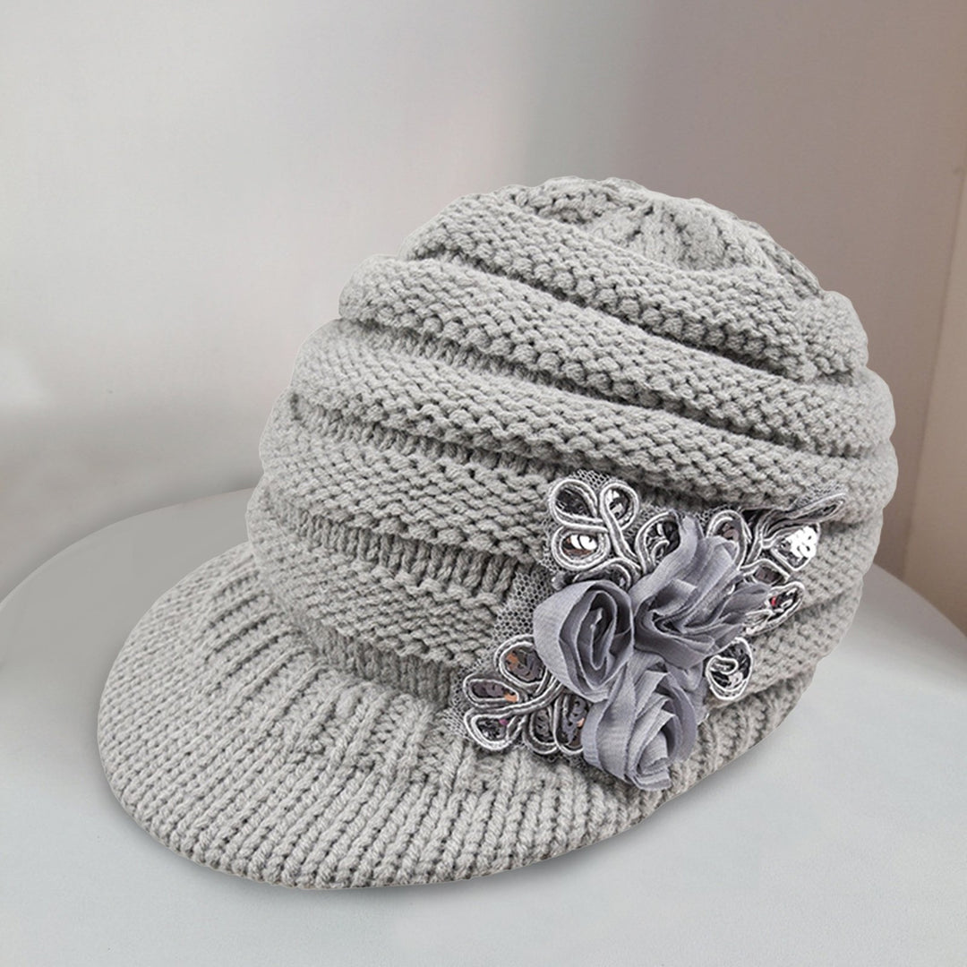 Wide Brim Earflap Solid Color Knitted Cap Women Winter Sequins Flower Decor Beret Hat Image 10