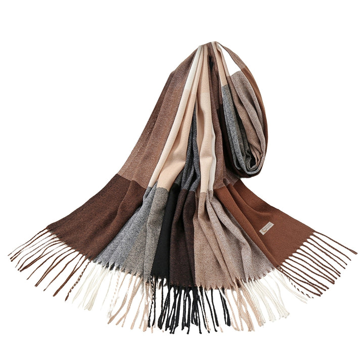 Women Shawl Color Block Tassels Fine Touch Fringe Imitation Cashmere Windproof Long Thermal Scarf Wrap for Spring Autumn Image 6