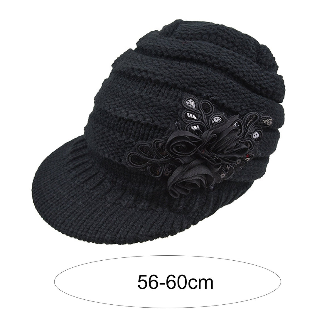 Wide Brim Earflap Solid Color Knitted Cap Women Winter Sequins Flower Decor Beret Hat Image 11