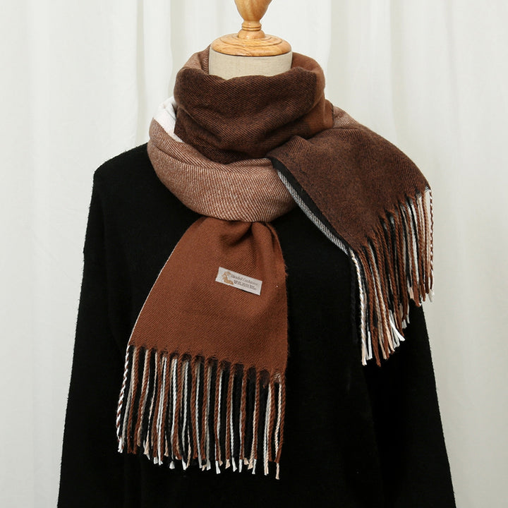 Women Shawl Color Block Tassels Fine Touch Fringe Imitation Cashmere Windproof Long Thermal Scarf Wrap for Spring Autumn Image 7