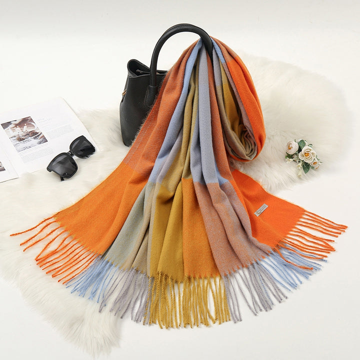 Women Shawl Color Block Tassels Fine Touch Fringe Imitation Cashmere Windproof Long Thermal Scarf Wrap for Spring Autumn Image 8