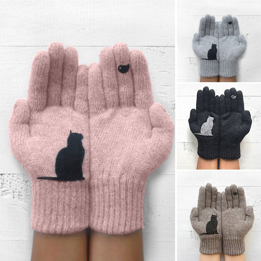 1 Pair Winter Gloves Touch Screen Elastic Bird Print Knitted All Fingers Keep Warm Anti-pilling Cat Pattern Ridding Image 1