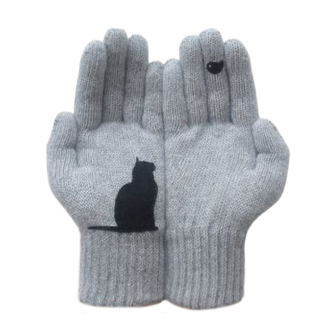 1 Pair Winter Gloves Touch Screen Elastic Bird Print Knitted All Fingers Keep Warm Anti-pilling Cat Pattern Ridding Image 3