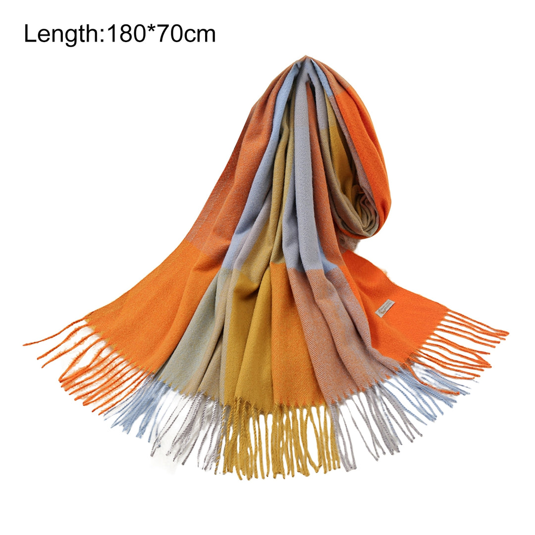 Women Shawl Color Block Tassels Fine Touch Fringe Imitation Cashmere Windproof Long Thermal Scarf Wrap for Spring Autumn Image 10