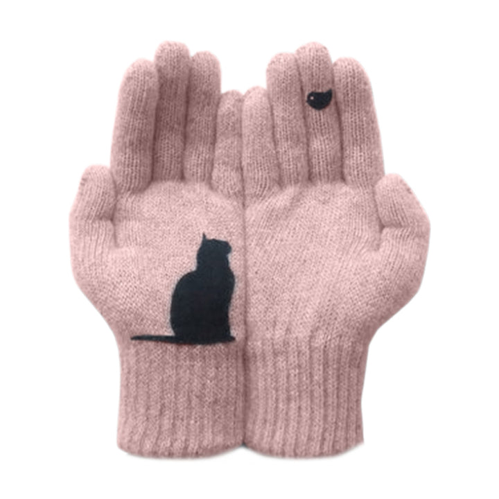 1 Pair Winter Gloves Touch Screen Elastic Bird Print Knitted All Fingers Keep Warm Anti-pilling Cat Pattern Ridding Image 4