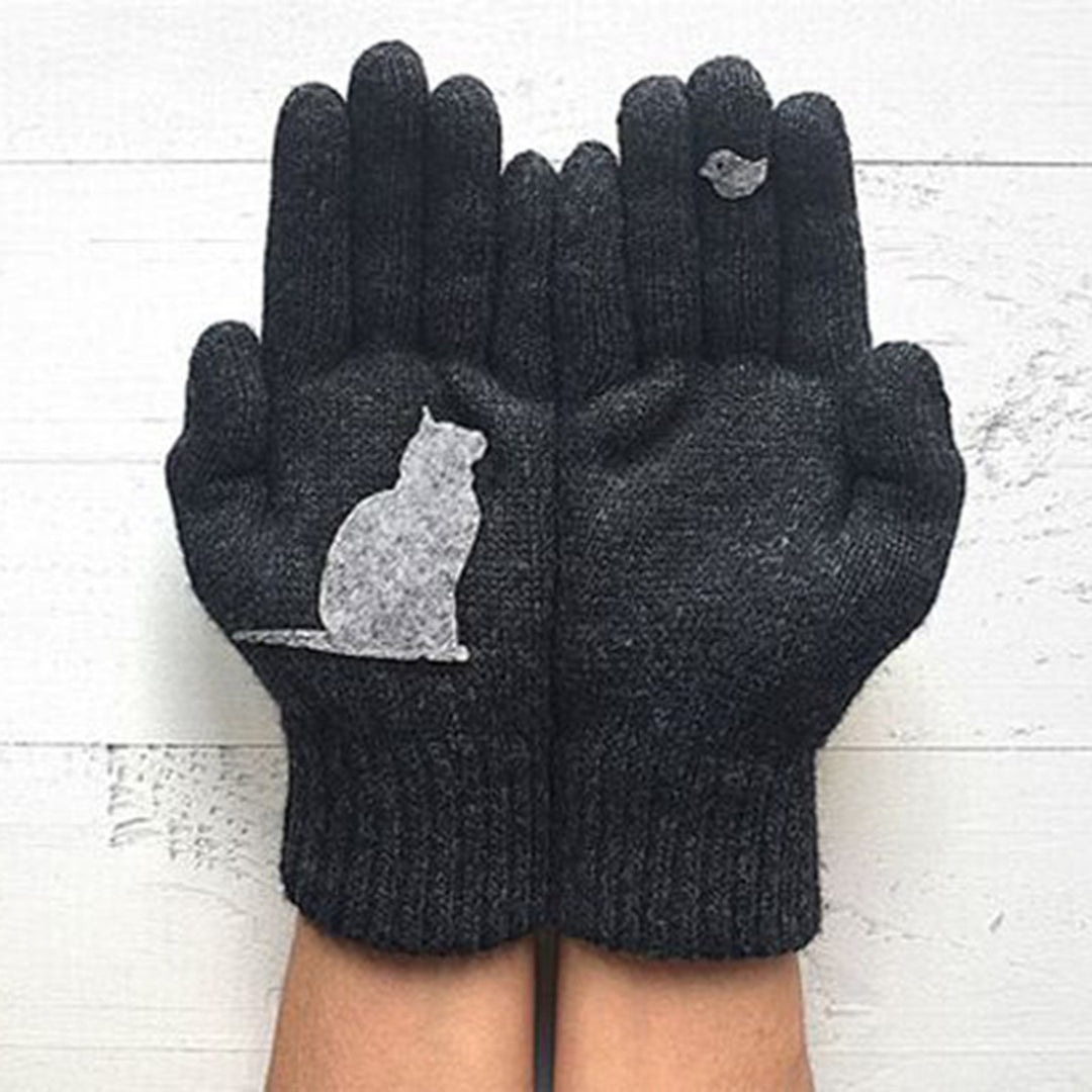 1 Pair Winter Gloves Touch Screen Elastic Bird Print Knitted All Fingers Keep Warm Anti-pilling Cat Pattern Ridding Image 6