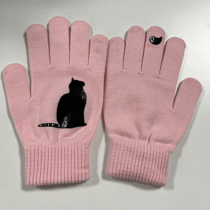 1 Pair Winter Gloves Touch Screen Elastic Bird Print Knitted All Fingers Keep Warm Anti-pilling Cat Pattern Ridding Image 8